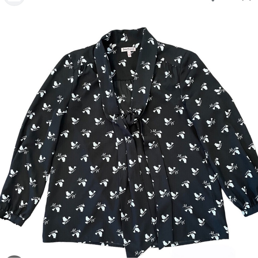 Vintage JUICY COUTURE Black SongBird Printed Long sleeve Blouse women’s SZ Med